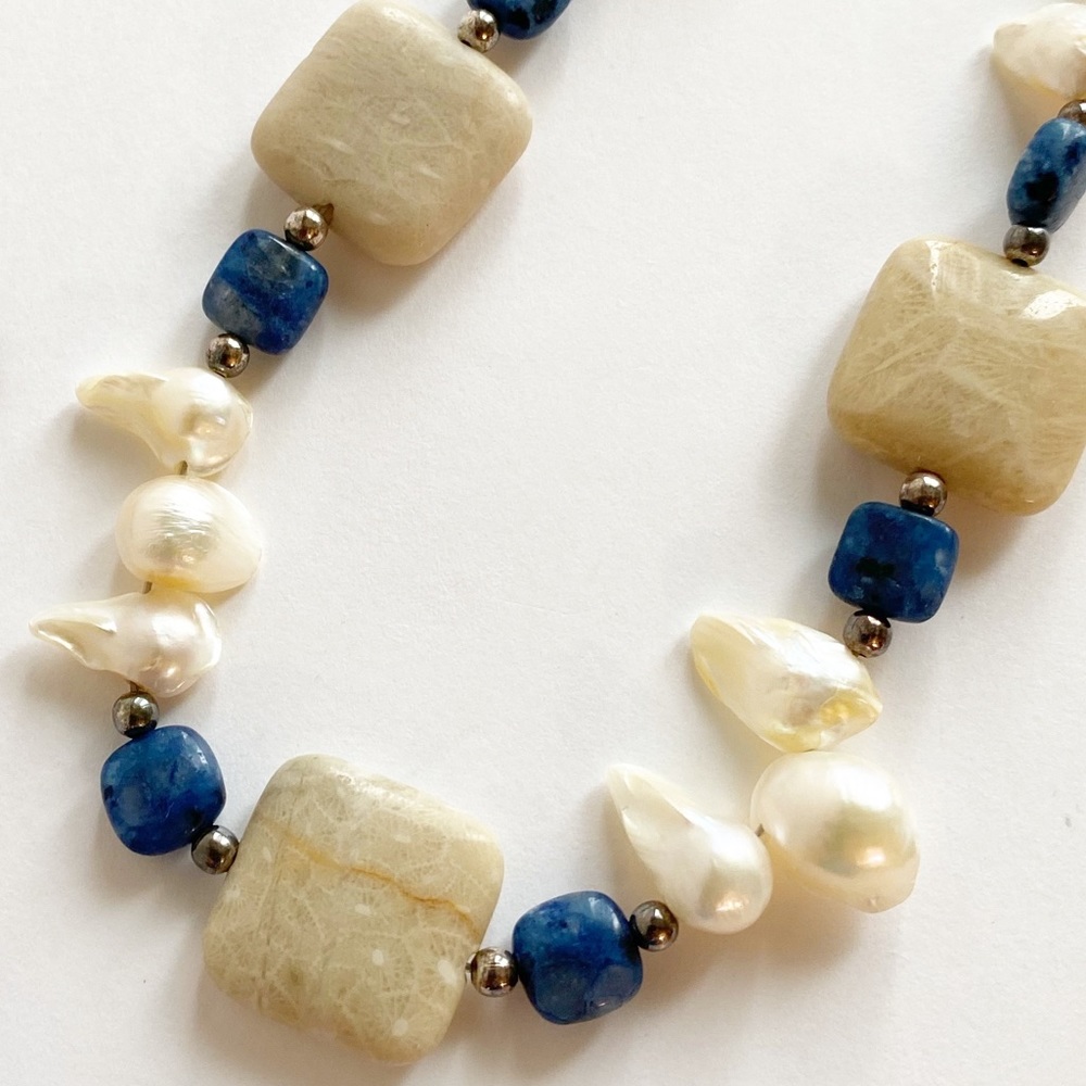 Fossil Stone, Sodalite, Fresh Water Pearl Necklace